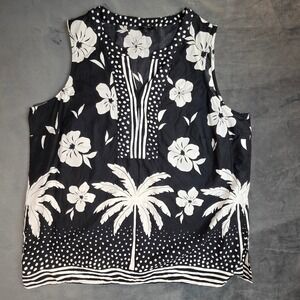 Talbots Plus 1X Black White Tropical Palm Tree Floral Cotton Sleeveless Top